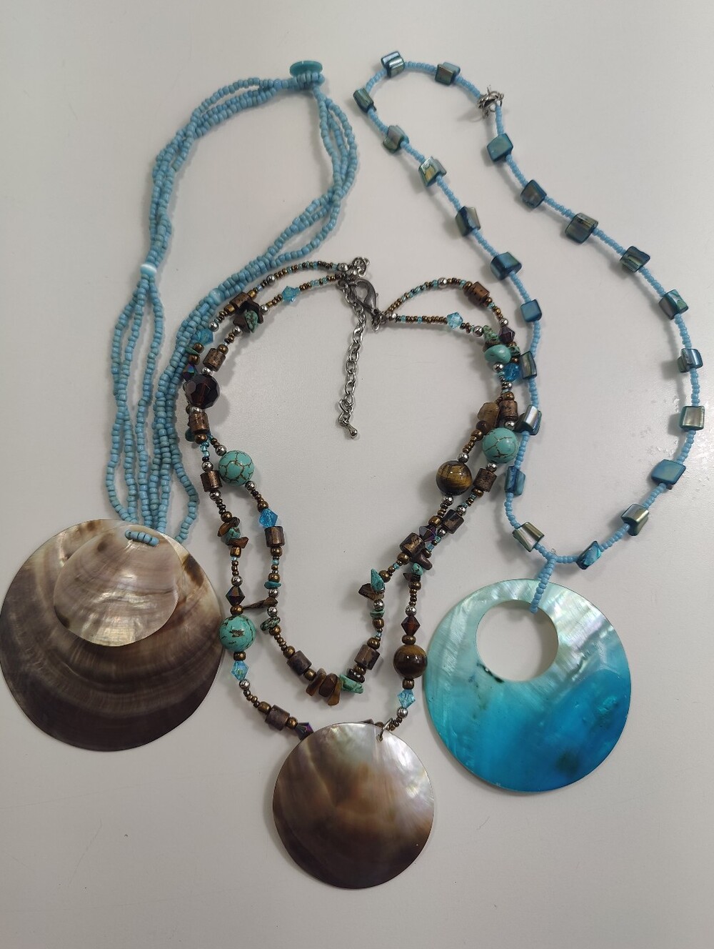 3 Pc Abalone Shell Necklace Bundle Turquoise Tiger's Eye Mother of Pearl Boho